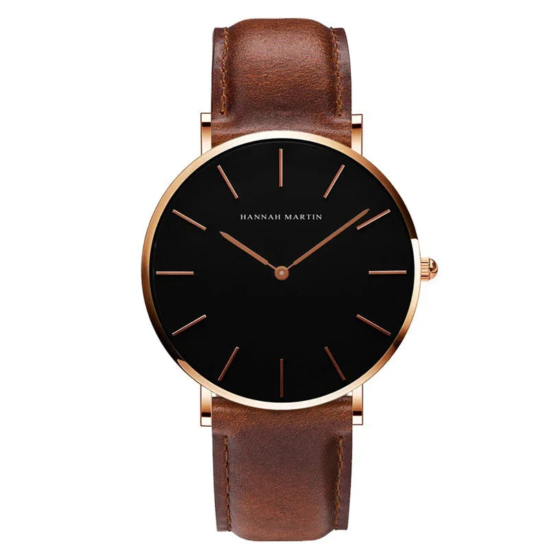 Minimalist Hannah Martin wristwatch with black dial, rose gold case, and brown leather strap