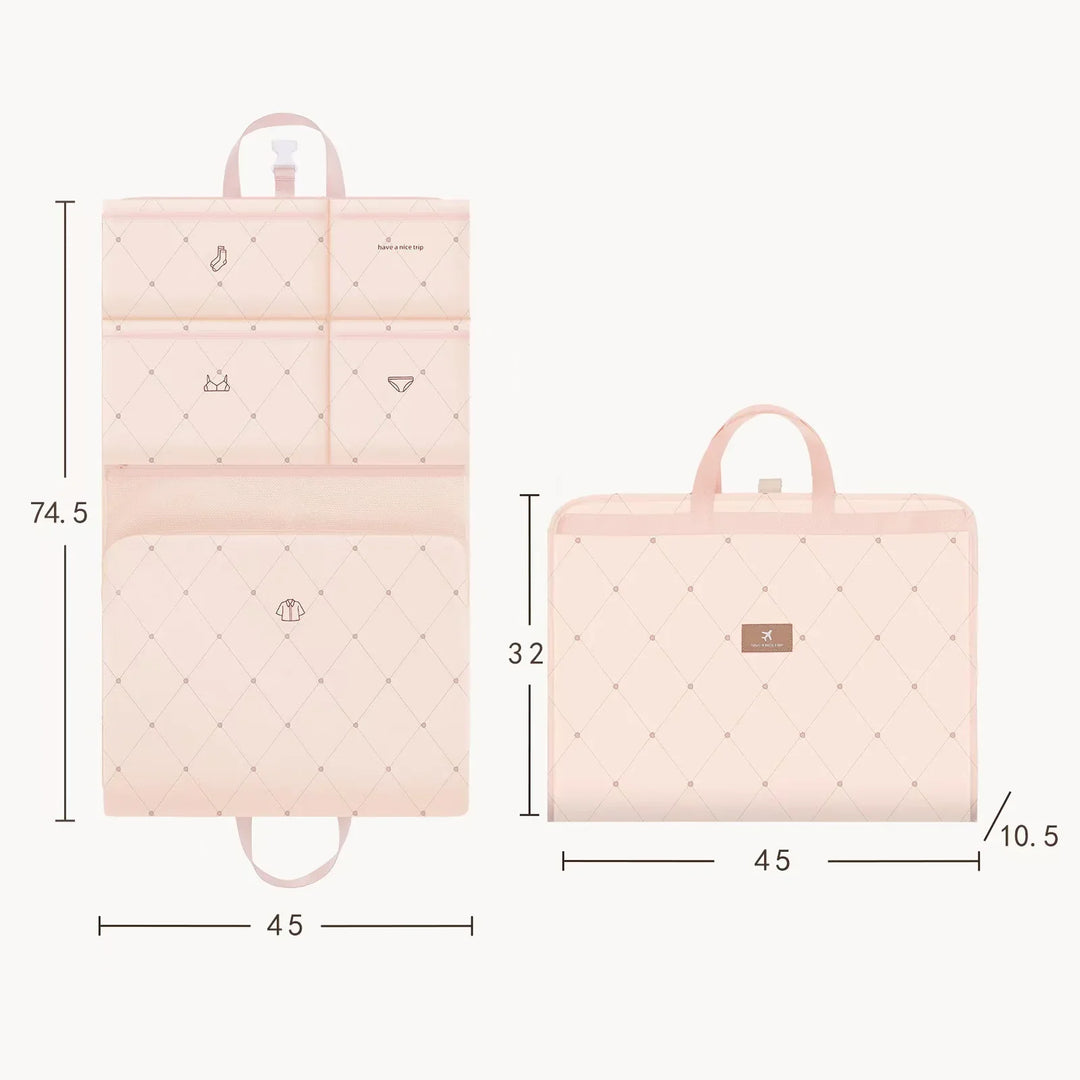 Pink quilted travel organizer bag with compartments for socks, underwear, and clothes, shown open and folded