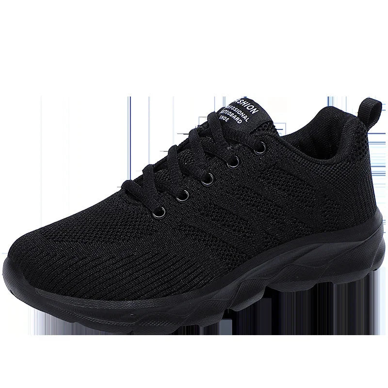 Black lightweight knitted athletic sneaker with lace-up design and cushioned sole