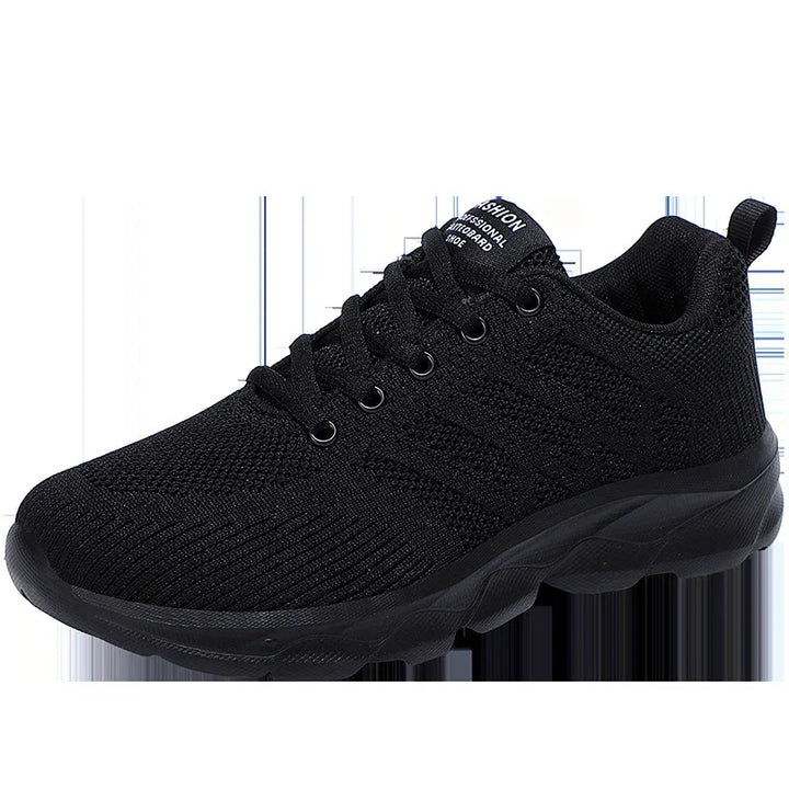 Black lightweight knitted athletic sneaker with lace-up design and cushioned sole