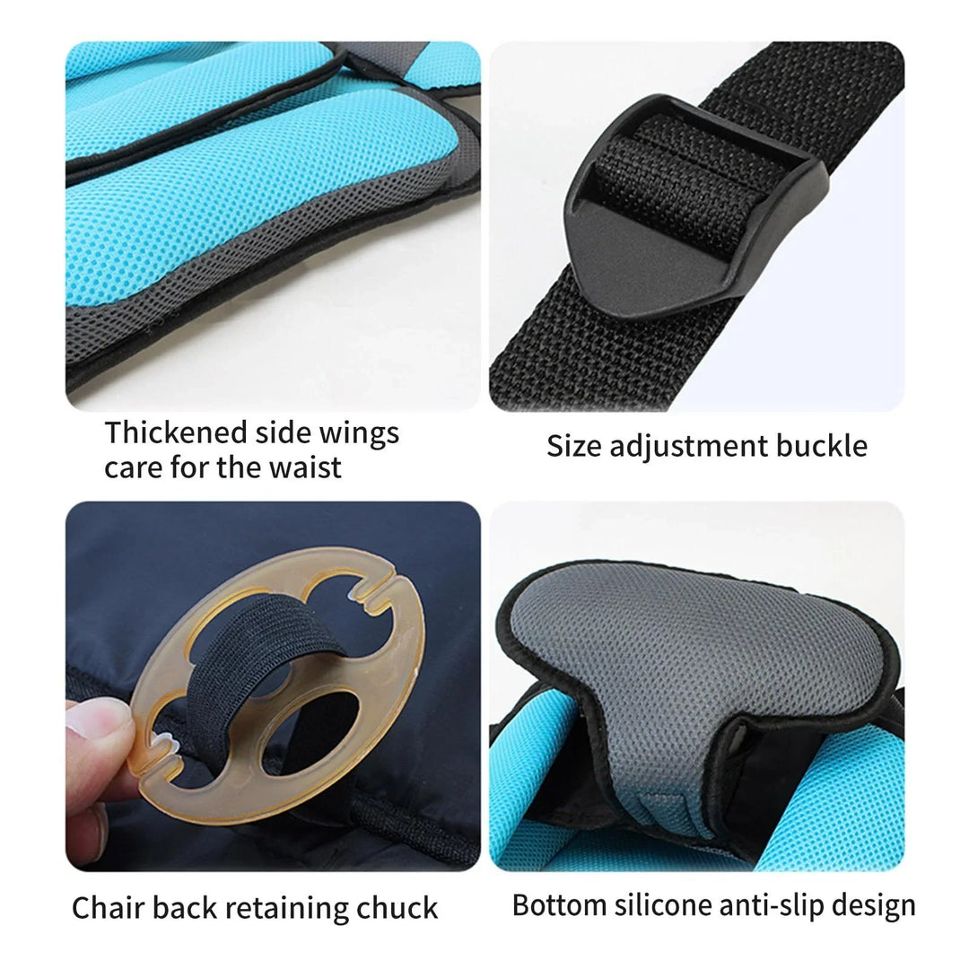 Blue waist support belt with thickened side wings, size buckle, back retaining chuck, and silicone anti-slip design