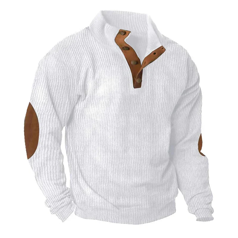 White ribbed pullover sweater with brown button placket and suede elbow patches