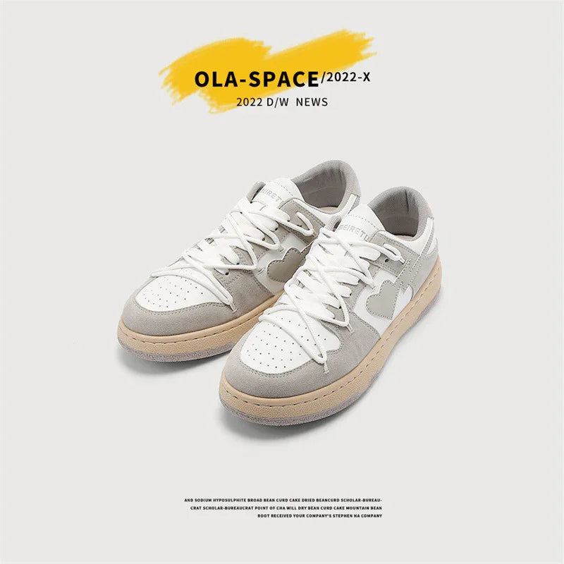 OLA-SPACE 2022 sneakers with gray suede and white leather heart detail on beige sole