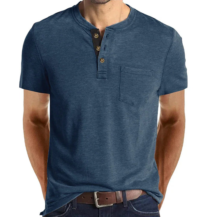 men's blue short sleeve henley shirt with chest pocket and button placket