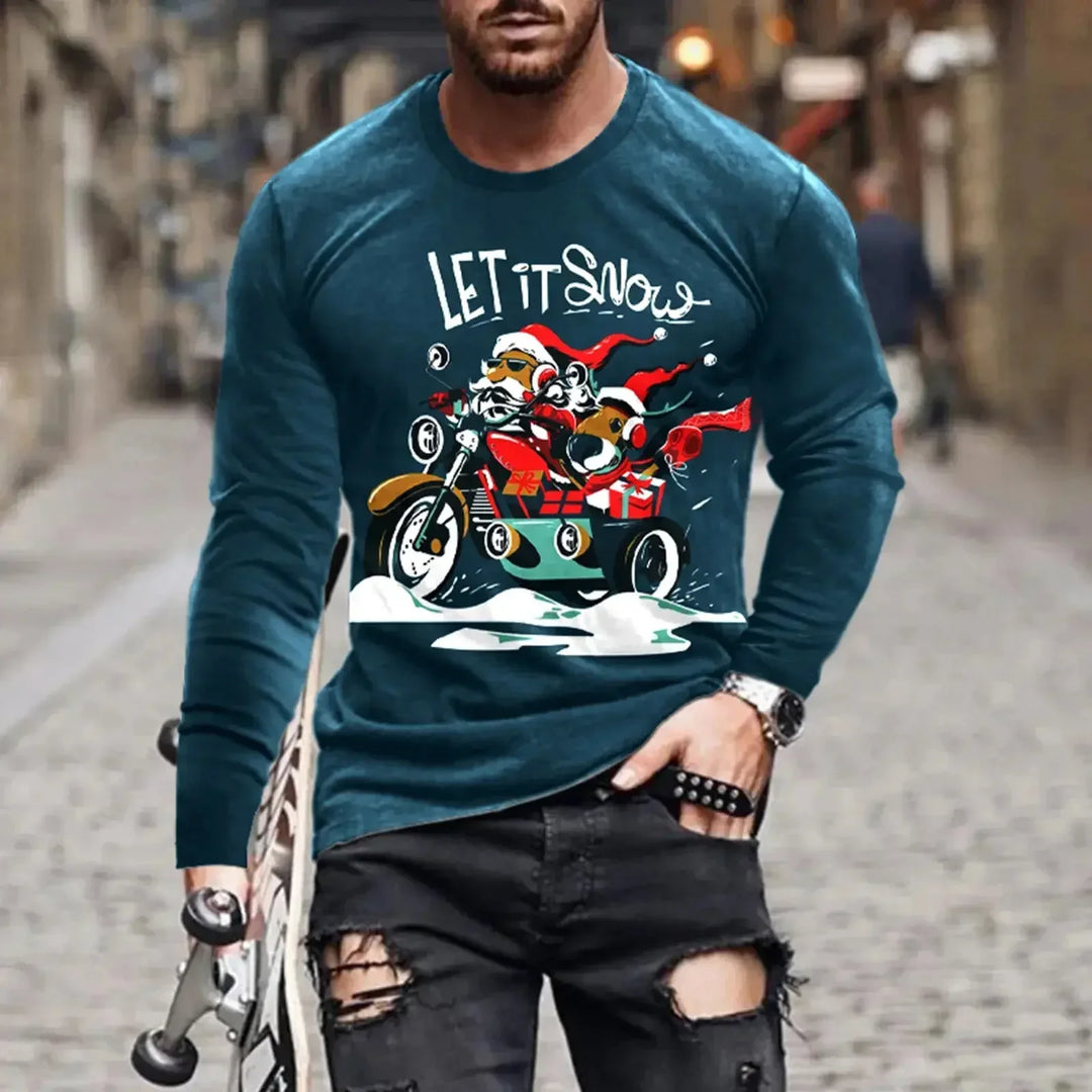 Man wearing blue long sleeve Christmas sweater with Santa and reindeer riding motorcycle and gift boxes