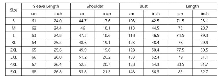 Size chart for clothing with sleeve length, shoulder, bust, and length measurements in cm and inches for sizes S to 5XL
