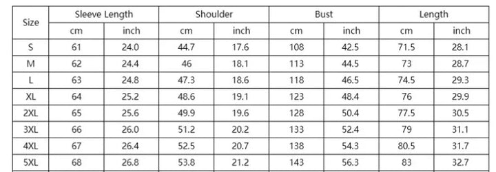 Size chart for clothing with sleeve length, shoulder, bust, and length measurements in cm and inches for sizes S to 5XL