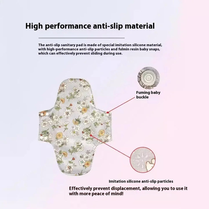 Floral patterned anti-slip sanitary pad with fuming baby buckle and silicone anti-slip particles