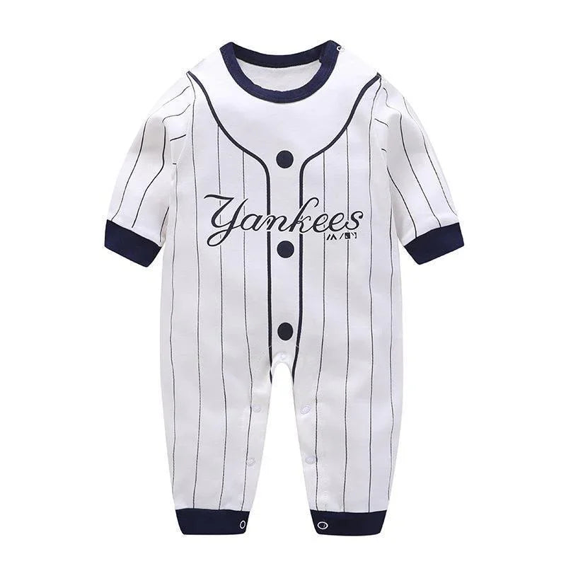 White baby onesie with navy pinstripes and Yankees logo, navy cuffs and collar