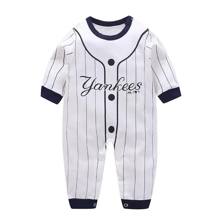 White baby onesie with navy pinstripes and Yankees logo, navy cuffs and collar