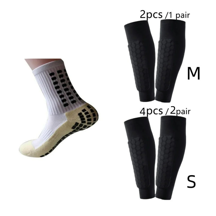 White grip socks on a foot and black padded calf sleeves in M and S sizes, 2 or 4 pieces
