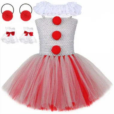 Girl's clown costume dress with red and white tulle skirt, white lace top, red pom-poms, and matching earrings