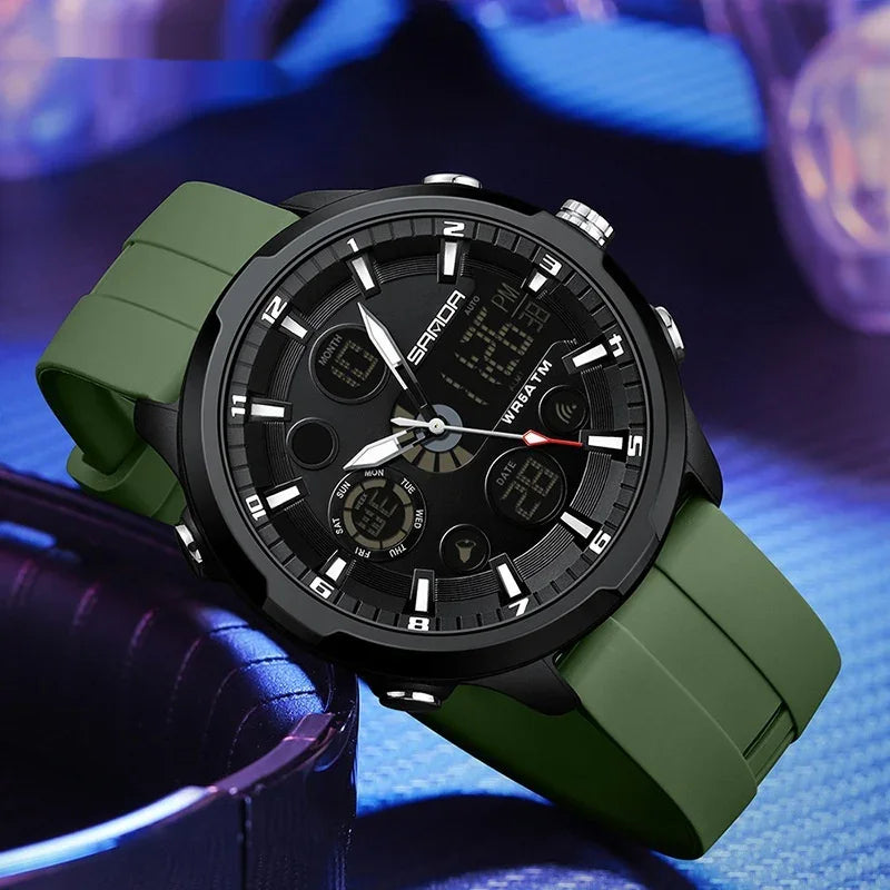 SANDA black dial men's sports watch with green silicone strap and multifunction digital display