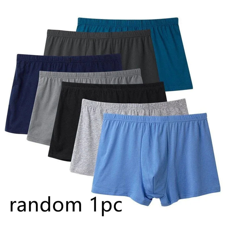 Set of seven assorted men's cotton boxer shorts in various colors including blue, black, grey, and navy