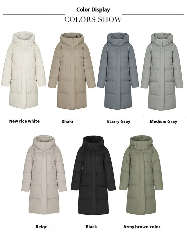 Long winter puffer coats in seven colors including white, khaki, gray, beige, black, and army brown with hoods