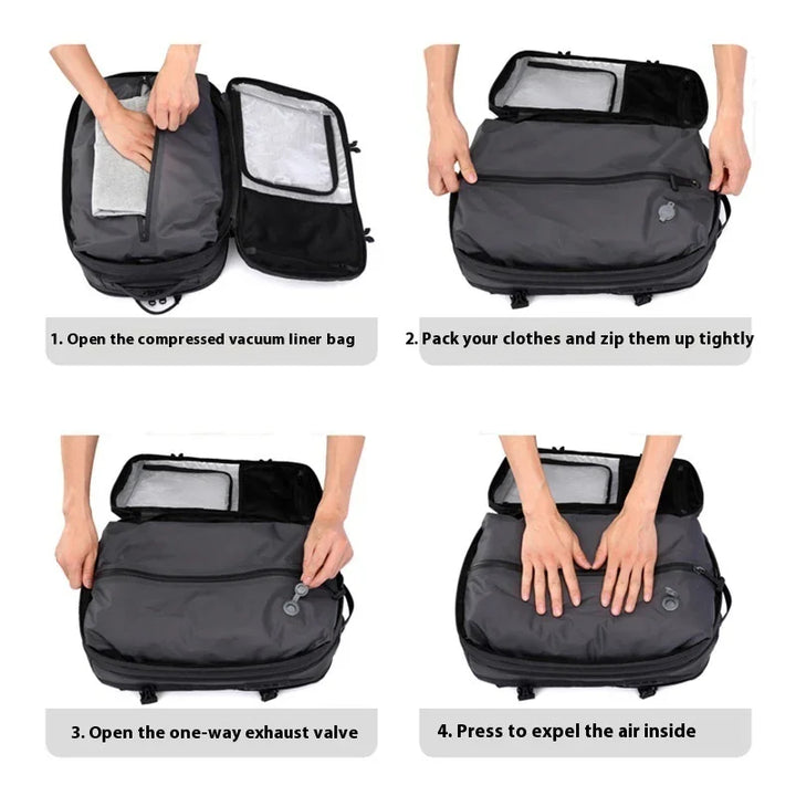 Step-by-step packing with a compressed vacuum liner bag showing zipping clothes, opening exhaust valve, and pressing air out
