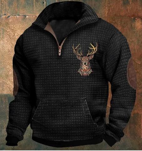 Black textured pullover with half-zip, kangaroo pocket, brown elbow patches, and embroidered deer head design