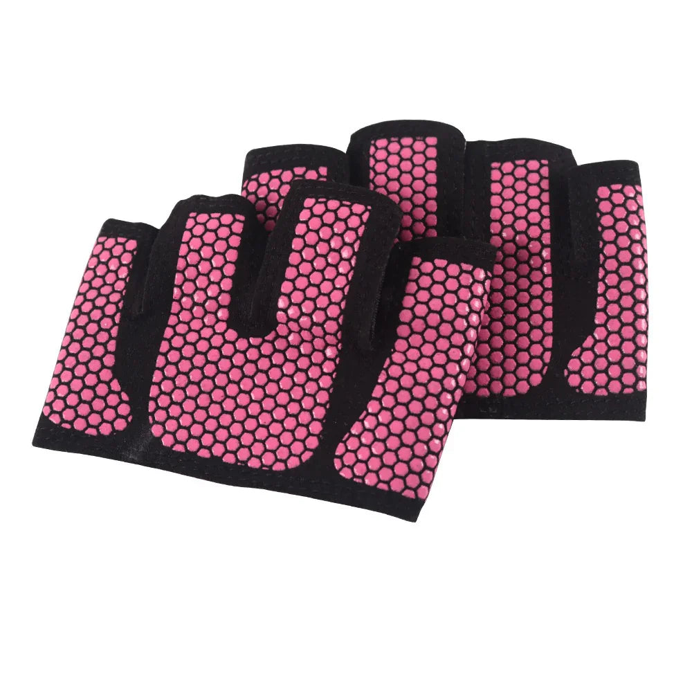 Pair of black and pink fingerless workout gloves with honeycomb grip pattern
