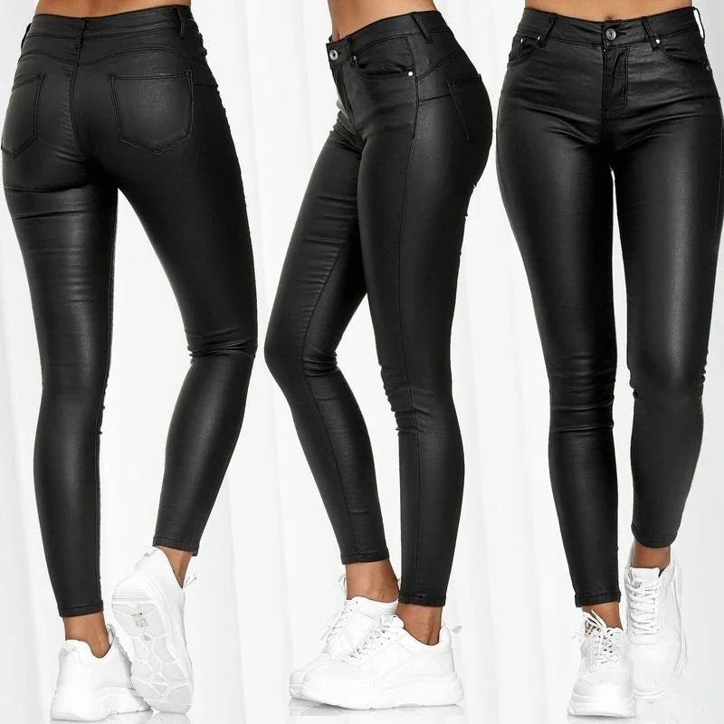 Black high-waisted skinny leather pants for women shown from front, side, and back views with white sneakers
