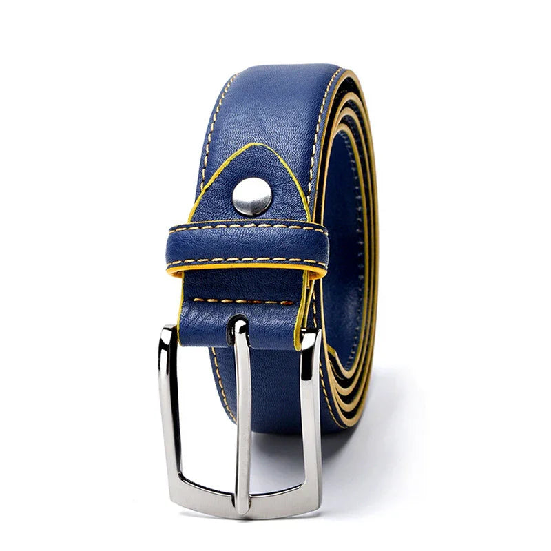 Blue leather belt with yellow stitching and silver metal buckle on white background