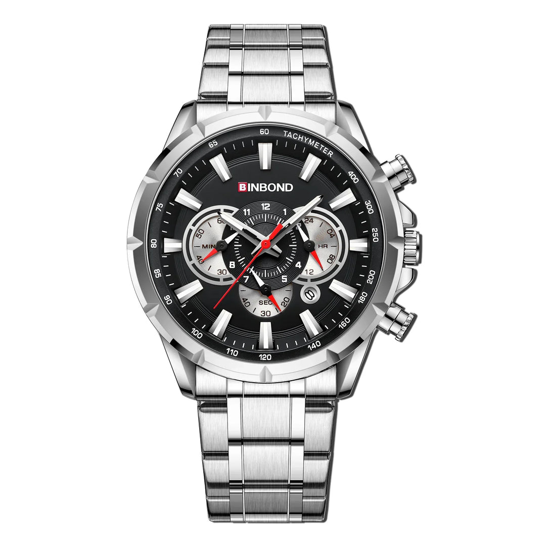 BINBOND men's stainless steel chronograph watch with black dial and tachymeter