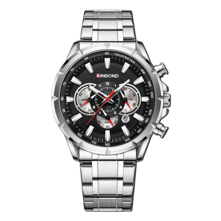 BINBOND men's stainless steel chronograph watch with black dial and tachymeter