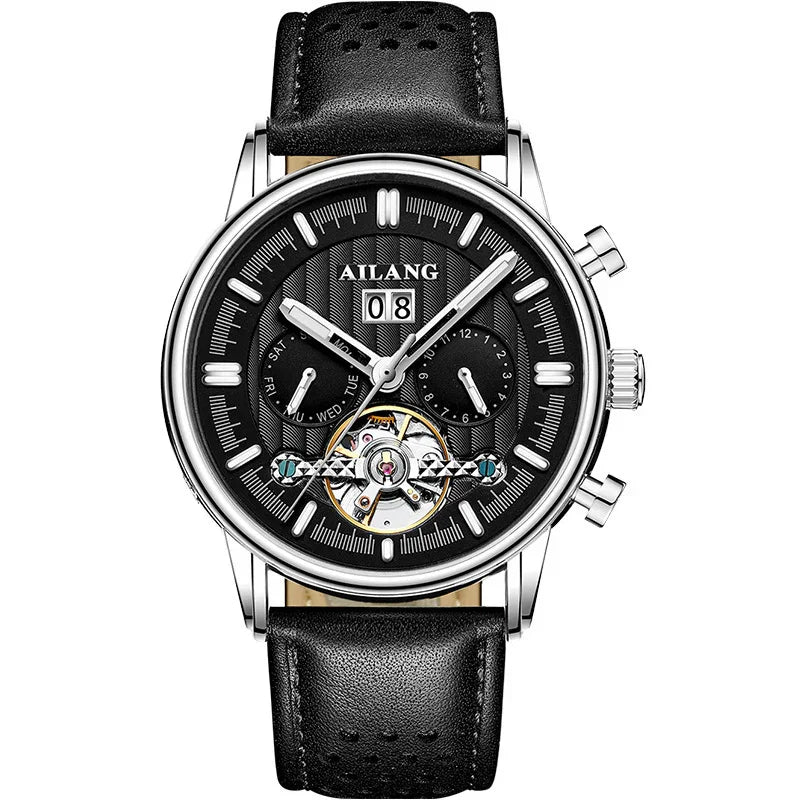 AILANG men's black leather strap wristwatch with black dial, date window, chronograph, and visible mechanism