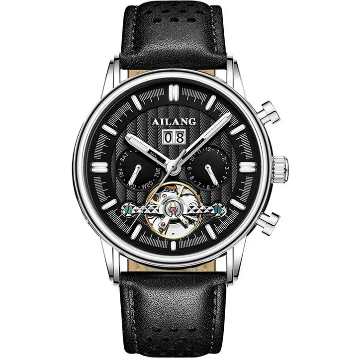 AILANG men's black leather strap wristwatch with black dial, date window, chronograph, and visible mechanism