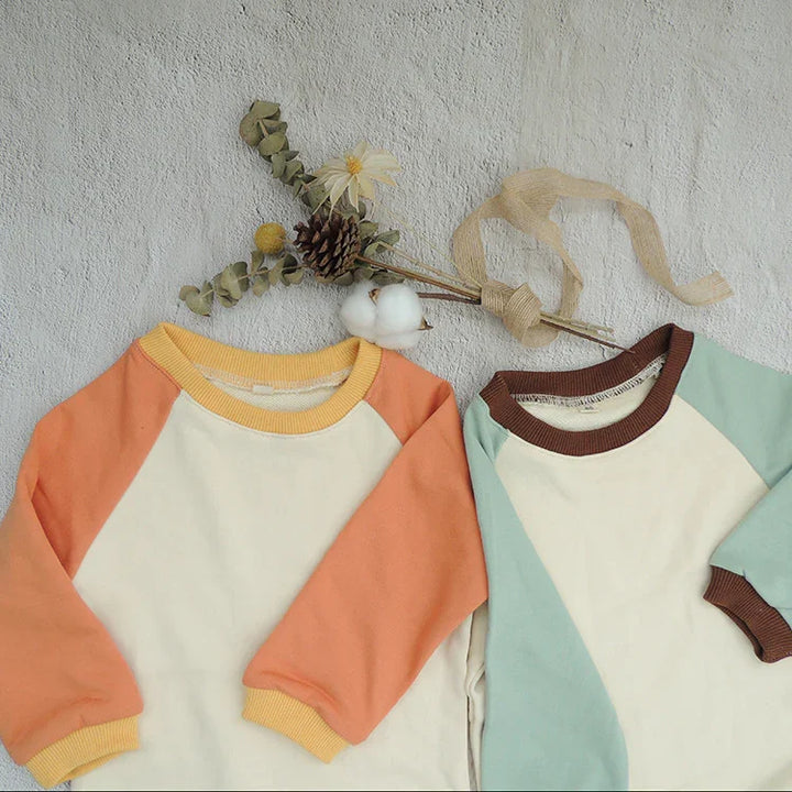 Two long-sleeve raglan shirts with orange and mint sleeves on a textured gray surface, dried flowers placed above