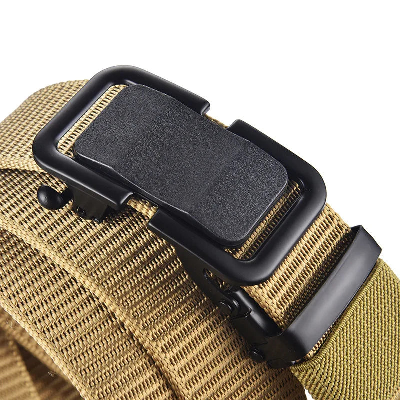 Close-up of a durable tan tactical nylon belt with a black quick-release metal buckle