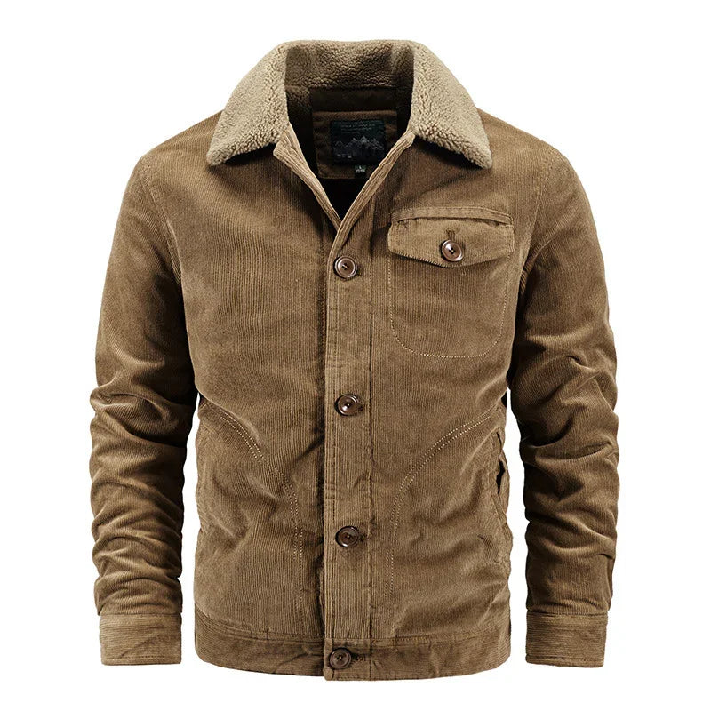 Brown corduroy jacket with button front and beige sherpa collar, chest pocket with button flap