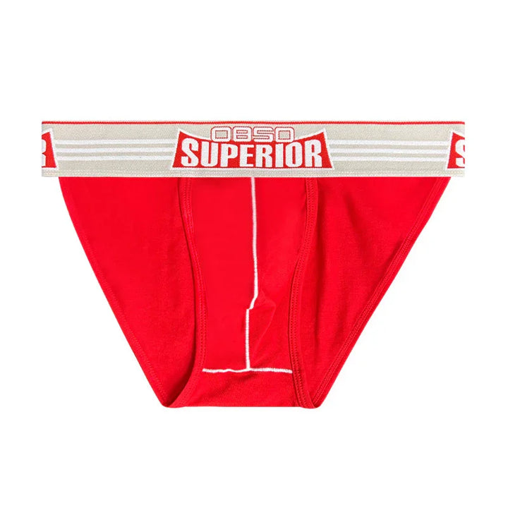 Red men's briefs with white stitching and beige waistband labeled OBSD Superior