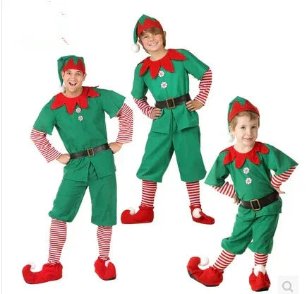 Three boys wearing green elf costumes with red and white striped sleeves and leggings, red elf shoes, and matching hats