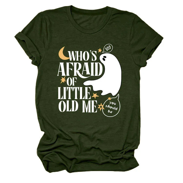 Dark green Halloween t-shirt with white ghost and text Who's afraid of little old me with stars and moon design