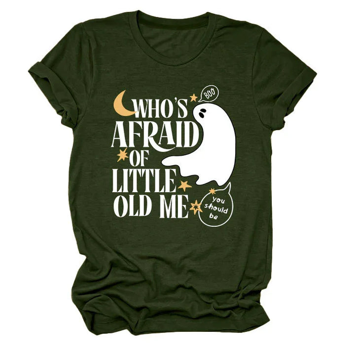 Dark green Halloween t-shirt with white ghost and text Who's afraid of little old me with stars and moon design