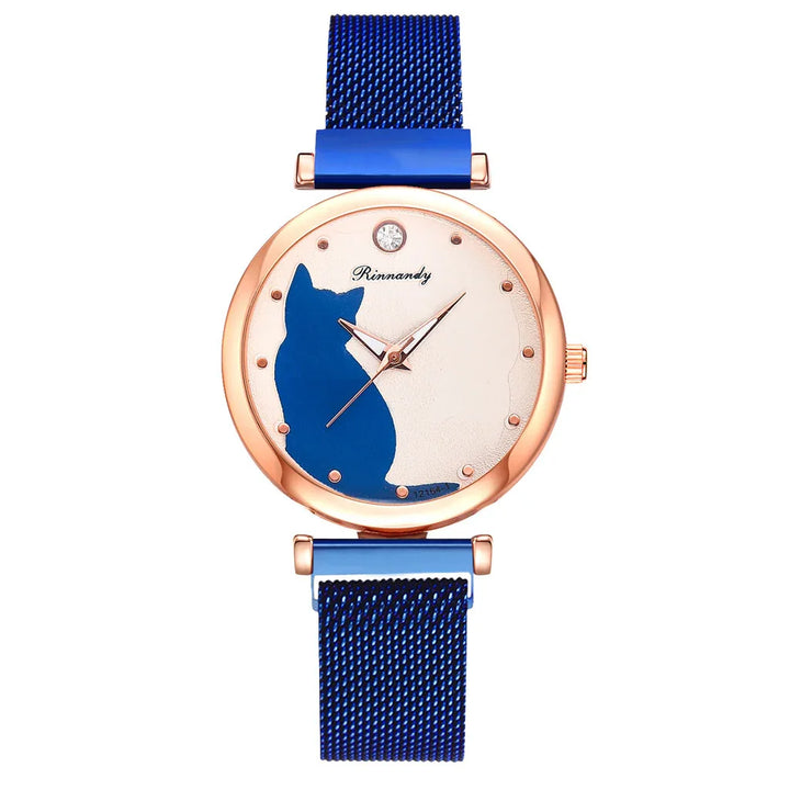 Rose gold watch with blue mesh strap and cat silhouette design on white dial