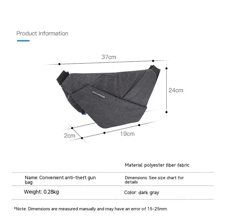 Dark gray anti-theft gun bag with polyester fiber fabric, measuring 37cm by 24cm