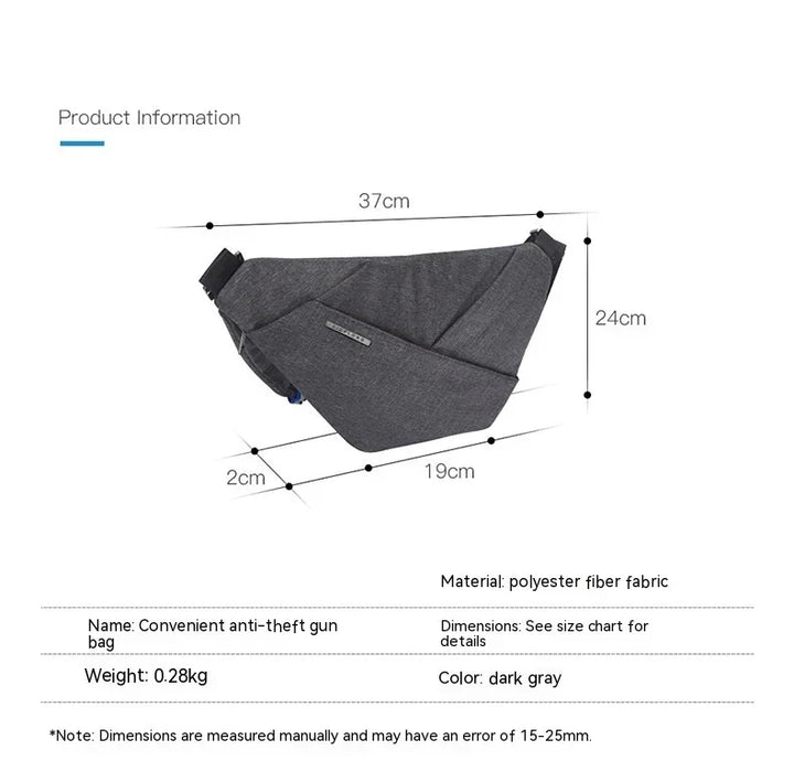 Dark gray anti-theft gun bag with polyester fiber fabric, measuring 37cm by 24cm