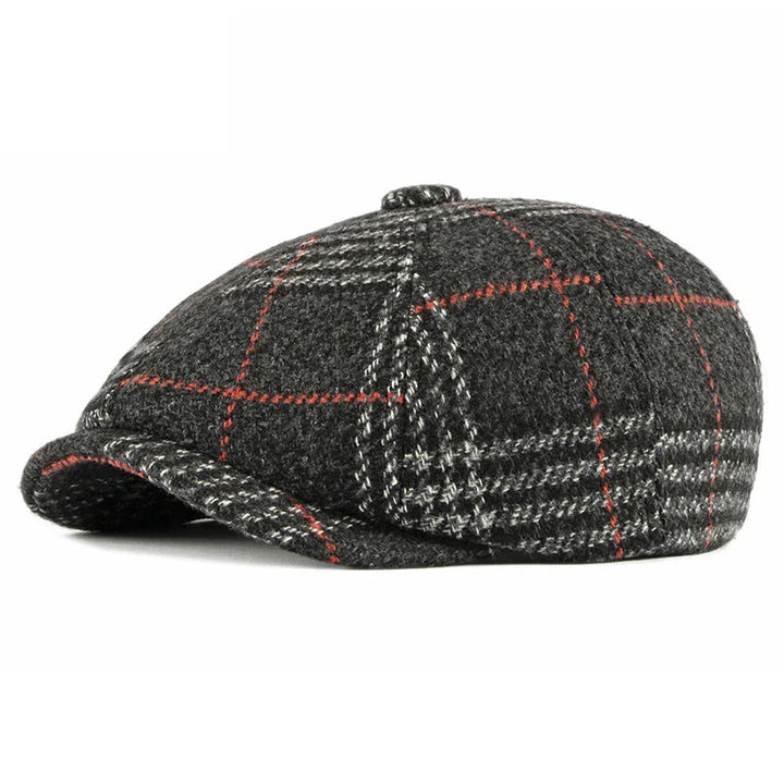 Dark gray tweed flat cap with red and white plaid pattern, classic vintage style hat