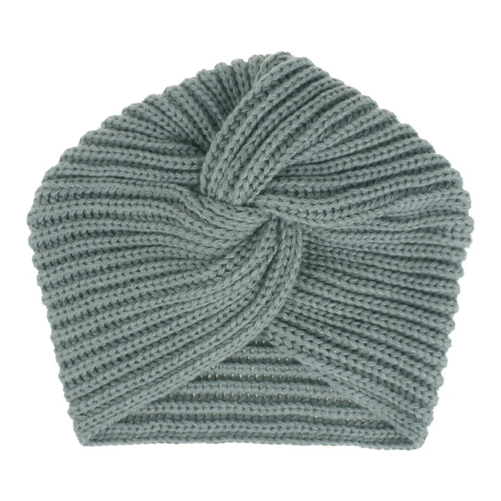 Light gray knitted turban-style headband with twisted knot detail