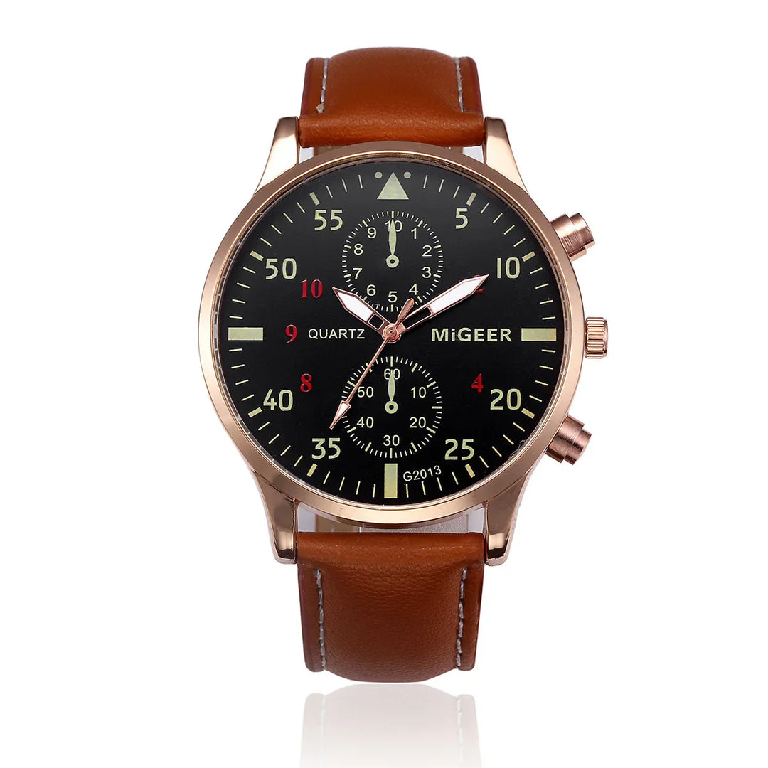 MiGEER men's quartz wristwatch with black dial, rose gold case, and brown leather strap