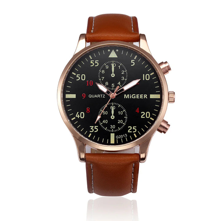 MiGEER men's quartz wristwatch with black dial, rose gold case, and brown leather strap