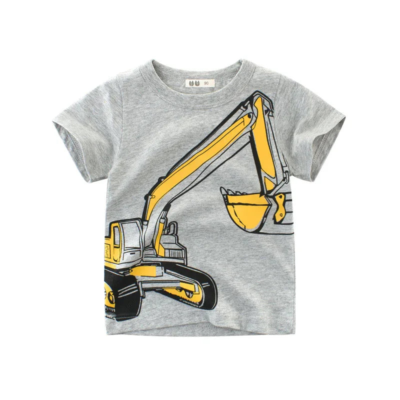 Gray toddler t-shirt with yellow and black excavator construction vehicle print
