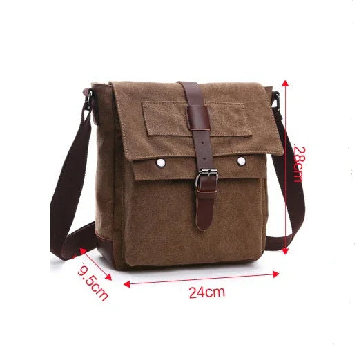 Brown canvas messenger bag with leather buckle and adjustable shoulder strap, dimensions 24x28x9.5 cm