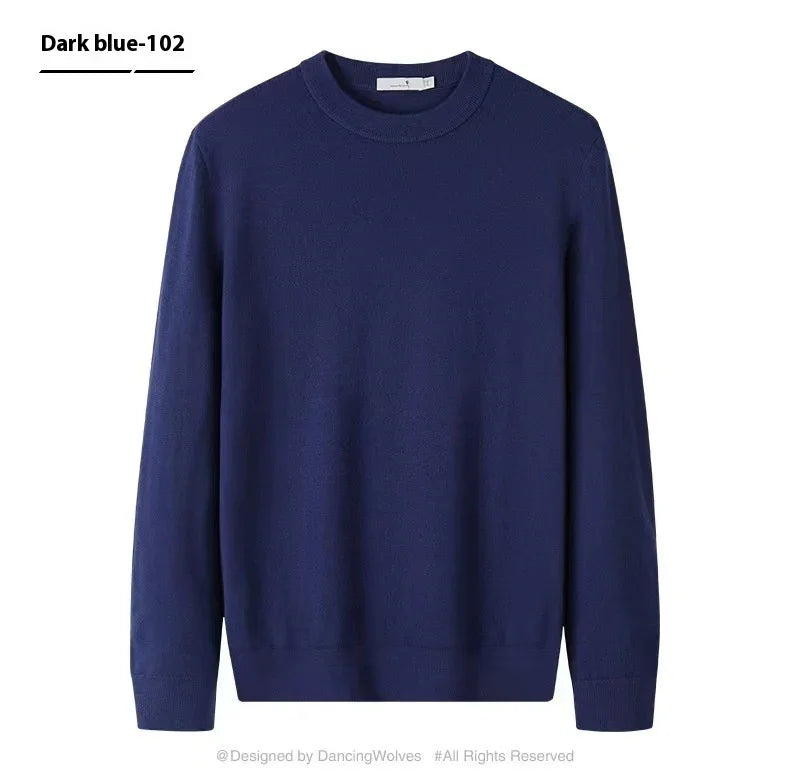 Dark blue crew neck sweater with long sleeves and ribbed cuffs, classic knitwear style