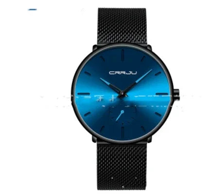 CRRJU men's wristwatch with blue gradient dial and black mesh metal strap