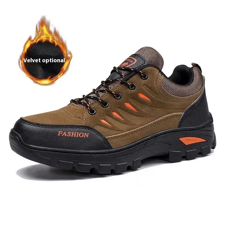 brown and black fashion hiking shoe with orange accents and velvet optional lining