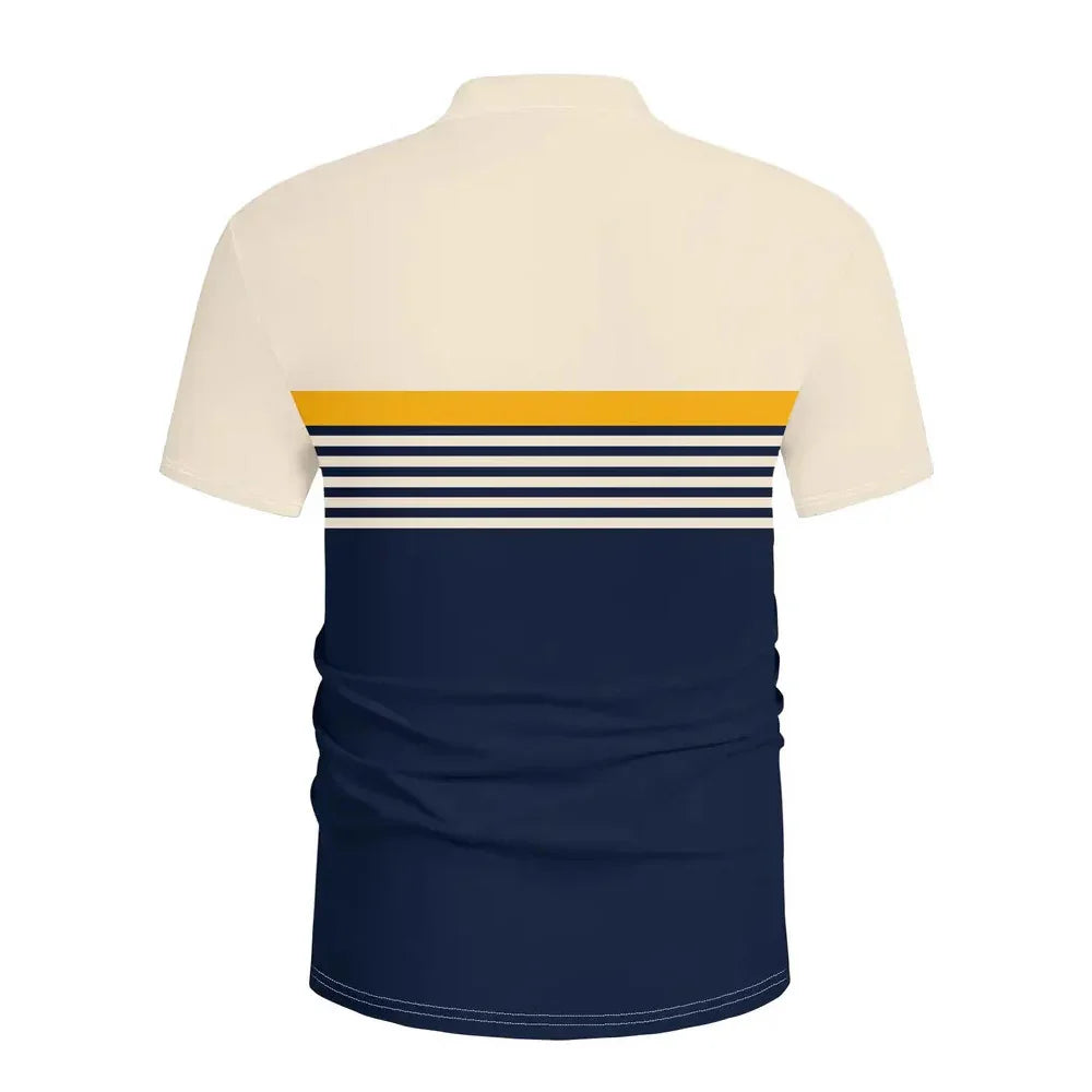 Short-sleeve polo shirt with beige top, navy bottom, and yellow and navy horizontal stripes