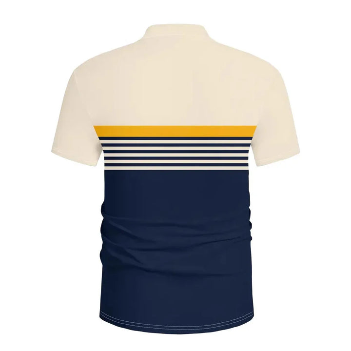 Short-sleeve polo shirt with beige top, navy bottom, and yellow and navy horizontal stripes