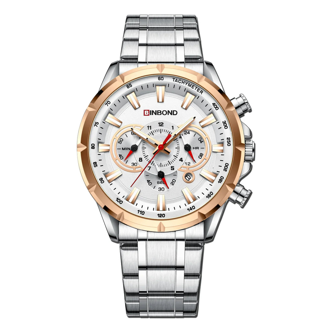 BINBOND men's silver stainless steel chronograph watch with gold-tone bezel and tachymeter